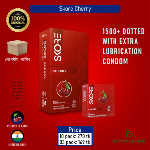 Skore Cherry Flavored 1500+ Dotted with Extra Lubrication Condom - 10pcs Pack